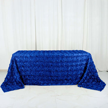 Royal Blue Seamless Grandiose 3D Rosette Satin Rectangle Tablecloth 90"x132" for 6 Foot Table With Floor-Length Drop