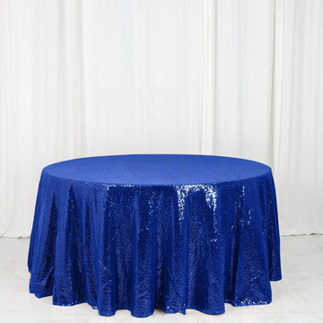 Royal Blue Seamless Premium Sequin Round Tablecloth 120" for 5 Foot Table With Floor-Length Drop