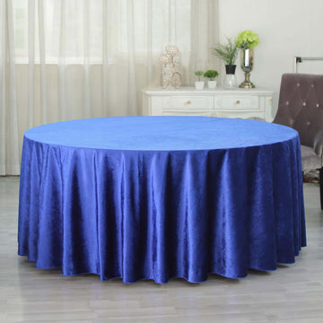 Royal Blue Seamless Premium Velvet Round Tablecloth, Reusable Linen 120" for 5 Foot Table With Floor-Length Drop