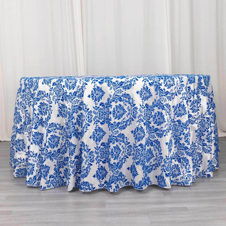 Royal Blue Seamless Round Velvet Flocking Design Taffeta Damask Tablecloth 120" for 5 Foot Table With Floor-Length Drop