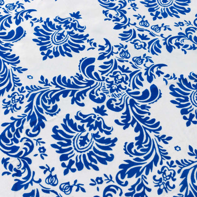 Taffeta Round Tablecloth 120" Royal Blue with Velvet Flocking Damask Design - Seamless Finish Table Cover