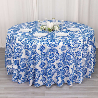 Taffeta Round Tablecloth 120" Royal Blue with Velvet Flocking Damask Design - Seamless Finish Table Cover