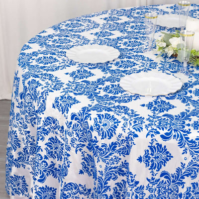 Taffeta Round Tablecloth 120" Royal Blue with Velvet Flocking Damask Design - Seamless Finish Table Cover