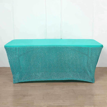 Metallic Turquoise Spandex Rectangle Tablecloth 6ft Ruffled Fitted Table Cover for 72"x30" Tables