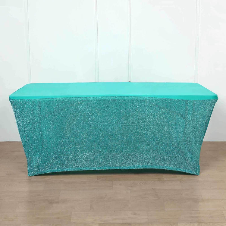 Turquoise Metallic Shimmer Spandex Fitted 6 Feet Tablecloth Rectangular With Plain Top