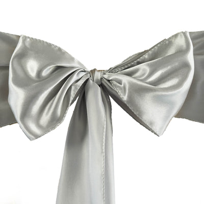 5 Pack Satin Chair Sashes 6"x106" Silver - Reusable Chair Bows with Smooth Finish