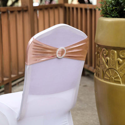 5 Pack Metallic Spandex Chair Sashes Blush - Durable Stretch Chair Bands With Round Diamond Buckles