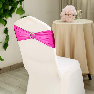 5 Pack Metallic Spandex Chair Sashes Fuchsia - Durable Stretch Chair Bands With Round Diamond Buckles