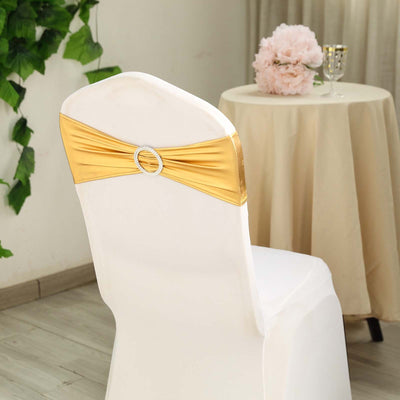 5 Pack Metallic Spandex Chair Sashes Gold - Durable Stretch Chair Bands With Round Diamond Buckles for Upscale Gatherings
