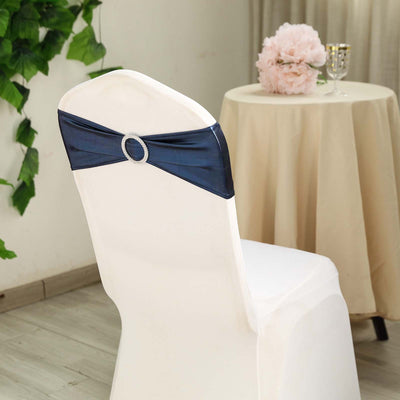 5 Pack Metallic Spandex Chair Sashes Navy Blue - Durable Stretch Chair Bands With Round Diamond Buckles