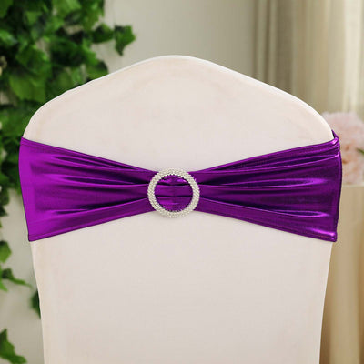5 Pack Metallic Spandex Chair Sashes Purple - Durable Stretch Chair Bands With Round Diamond Buckles