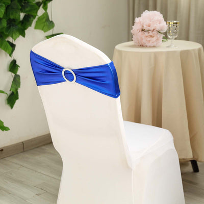 5 Pack Metallic Spandex Chair Sashes Royal Blue - Durable Stretch Chair Bands With Round Diamond Buckles