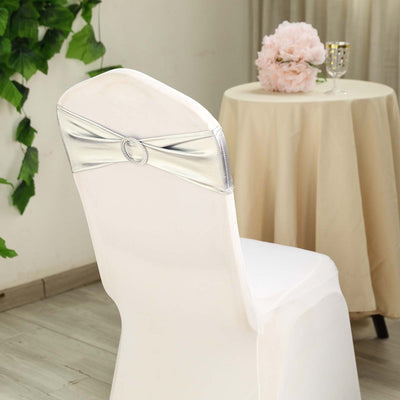 5 Pack Metallic Spandex Chair Sashes Silver - Durable Stretch Chair Bands With Round Diamond Buckles
