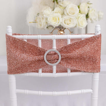 5 Pack Rose Gold Shimmer Tinsel Spandex Chair Sashes With Round Silver Rhinestone Chair Buckles - 5"x12"