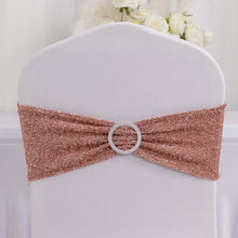 5 Pack Rose Gold Shimmer Tinsel Spandex Chair Sashes With Round Silver Rhinestone Chair Buckles