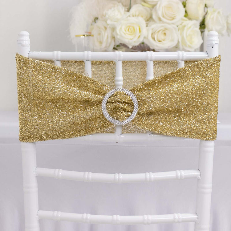 5 Pack Champagne Shimmer Tinsel Spandex Chair Sashes With Round Silver Rhinestone Chair Buckles