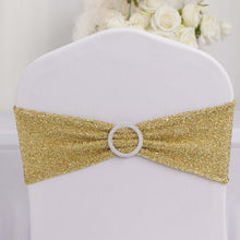 5 Pack Champagne Shimmer Tinsel Spandex Chair Sashes With Round Silver Rhinestone Chair Buckles