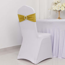 5 Pack Gold Shimmer Tinsel Spandex Chair Sashes With Round Silver Rhinestone Chair Buckles