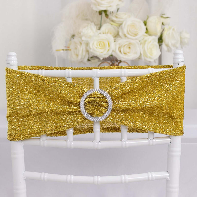 5 Pack Gold Shimmer Tinsel Spandex Chair Sashes With Round Silver Rhinestone Chair Buckles