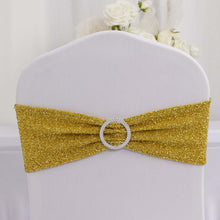 5 Pack Gold Shimmer Tinsel Spandex Chair Sashes With Round Silver Rhinestone Chair Buckles