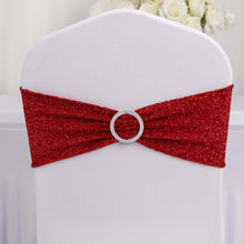 5 Pack Red Shimmer Tinsel Spandex Chair Sashes With Round Silver Rhinestone Chair Buckles - 5"x12"