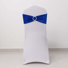 5 Pack Royal Blue Shimmer Tinsel Spandex Chair Sashes With Round Silver Rhinestone Chair Buckles