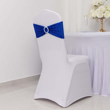 5 Pack Royal Blue Shimmer Tinsel Spandex Chair Sashes With Round Silver Rhinestone Chair Buckles