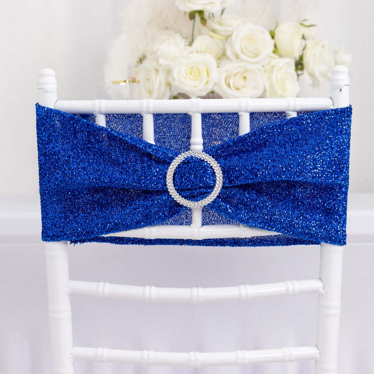 5 Pack Royal Blue Shimmer Tinsel Spandex Chair Sashes With Round Silver Rhinestone Chair Buckles