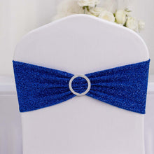 5 Pack Royal Blue Shimmer Tinsel Spandex Chair Sashes With Round Silver Rhinestone Chair Buckles