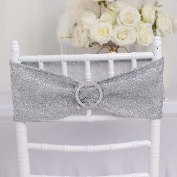 5 Pack Silver Shimmer Tinsel Spandex Chair Sashes With Round Silver Rhinestone Chair Buckles - 5"x12"