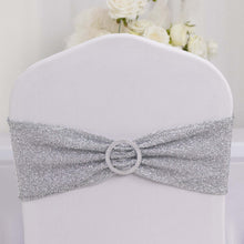 5 Pack Silver Shimmer Tinsel Spandex Chair Sashes With Round Silver Rhinestone Chair Buckles