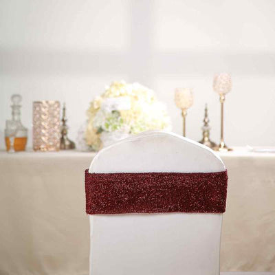 5 Pack Metallic Shimmer Tinsel Spandex Chair Sashes Burgundy - Glittery Finish Stretch Chair Bands