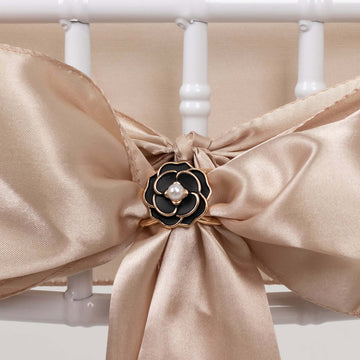 10 Pack Black Pearl Floral Metal Chair Sash Pin Buckles with Gold Rim, 3D Rose Shaped Scarf Bow Napkin Rings