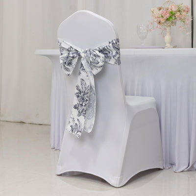 Polyester Chair Sashes 6"x108" White Black French Toile Floral Design - Durable & Reusable Chair Bows