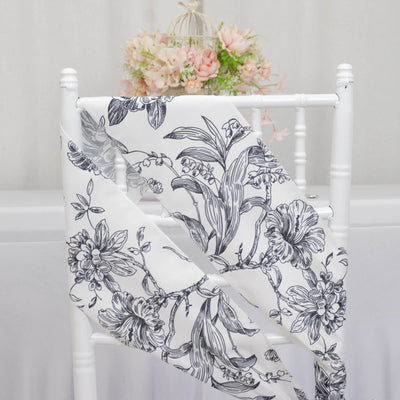 Polyester Chair Sashes 6"x108" White Black French Toile Floral Design - Durable & Reusable Chair Bows