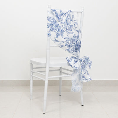 Polyester Chair Sashes 6"x108" White/Blue French Toile Floral Design - Durable & Reusable Chair Bows for Classy Event Styling