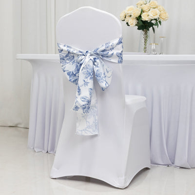 Polyester Chair Sashes 6"x108" White/Blue French Toile Floral Design - Durable & Reusable Chair Bows for Classy Event Styling