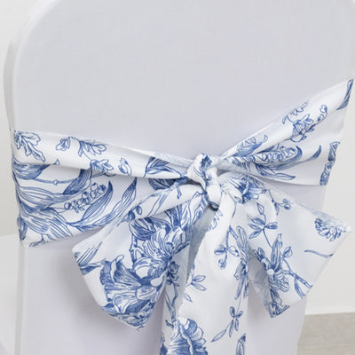 Polyester Chair Sashes 6"x108" White/Blue French Toile Floral Design - Durable & Reusable Chair Bows for Classy Event Styling
