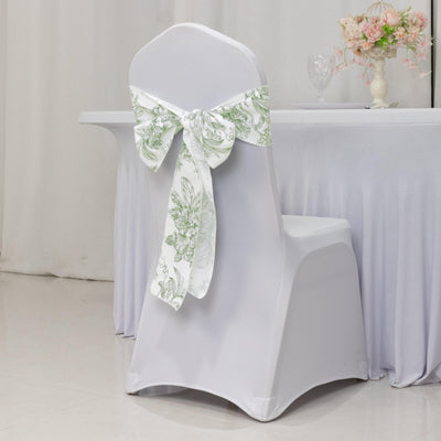 Polyester Chair Sashes 6"x108" White Dusty Sage Green French Toile Floral Design - Durable & Reusable Chair Bows