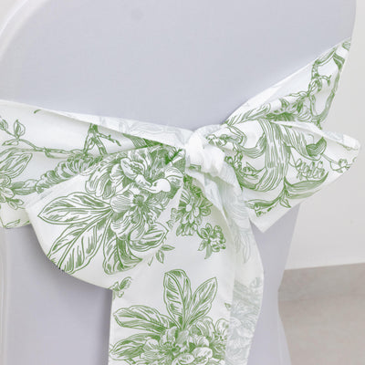 Polyester Chair Sashes 6"x108" White Dusty Sage Green French Toile Floral Design - Durable & Reusable Chair Bows