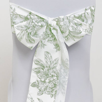 Polyester Chair Sashes 6"x108" White Dusty Sage Green French Toile Floral Design - Durable & Reusable Chair Bows
