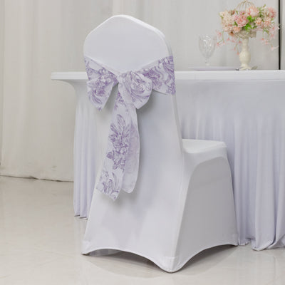 Polyester Chair Sashes 6"x108" White Lavender Lilac French Toile Floral Design - Durable & Reusable Chair Bows for Classy Event Styling