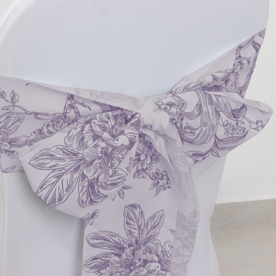 Polyester Chair Sashes 6"x108" White Lavender Lilac French Toile Floral Design - Durable & Reusable Chair Bows for Classy Event Styling
