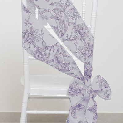 Polyester Chair Sashes 6"x108" White Lavender Lilac French Toile Floral Design - Durable & Reusable Chair Bows for Classy Event Styling
