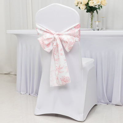 Polyester Chair Sashes 6"x108" White/Pink French Toile Floral Design - Durable & Reusable Chair Bows