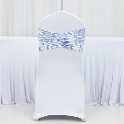 5 Pack French Toile Spandex Chair Sashes White Blue – 8"x13" Ruffled Stretch Chair Bands for Weddings & Events