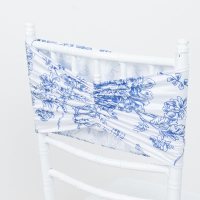5 Pack French Toile Spandex Chair Sashes White Blue – 8"x13" Ruffled Stretch Chair Bands for Weddings & Events