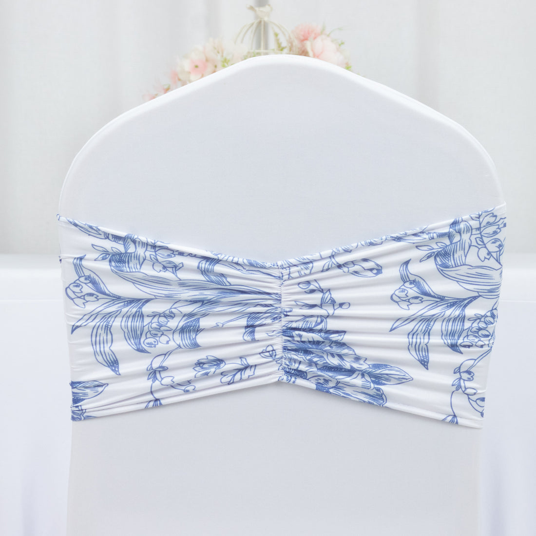 5 Pack French Toile Spandex Chair Sashes White Blue 8x13inch Ruffled Stretch Chair Bands Wedding