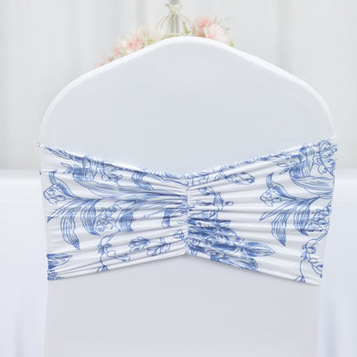 5 Pack French Toile Spandex Chair Sashes White Blue – 8"x13" Ruffled Stretch Chair Bands for Weddings & Events