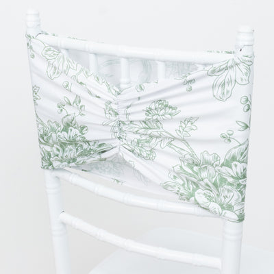 5 Pack French Toile Spandex Chair Sashes White Dusty Sage Green – 8"x13" Ruffled Stretch Chair Bands for Weddings & Events